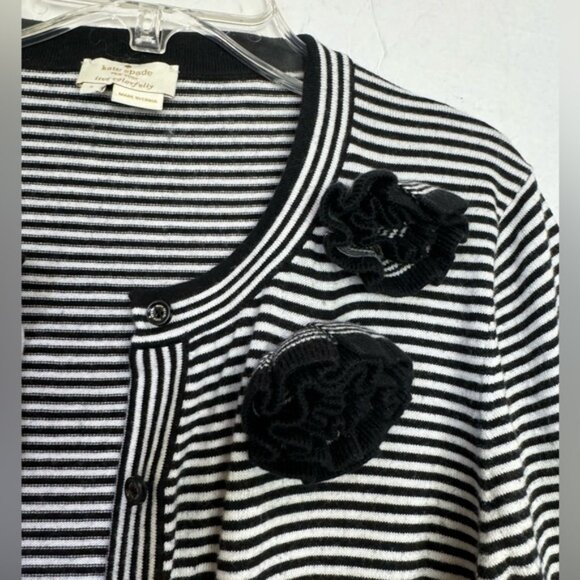 Kate Spade JazzThings Up Rosette Cashmere Roses Stripe Cardigan Cotton Sweater L - Picture 13 of 16